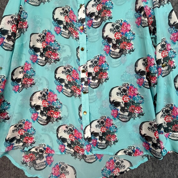 Skull Bongo Plus Blue Sheer Gold Button Top Sz 2X Halloween Day Of The Dead - Picture 5 of 16